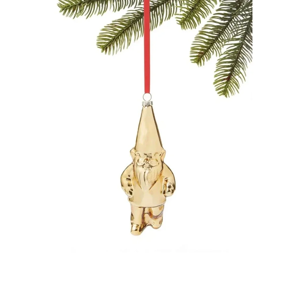 BRAND NEW MACY'S HOLIDAY LANE SHINE GOLD GNOME GLASS ORNAMENT CHRISTMAS 6,5